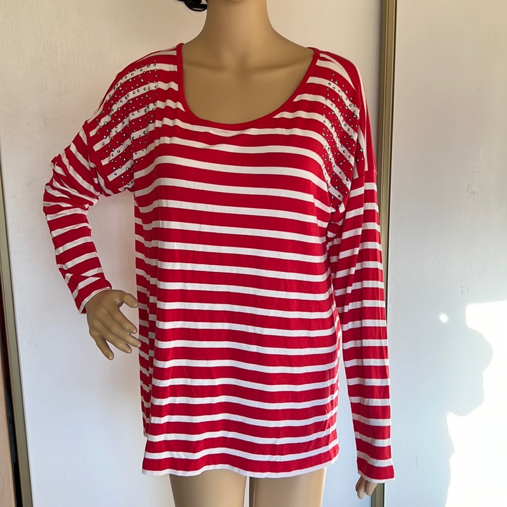 Red and white striped long sleeve top with silver studs
